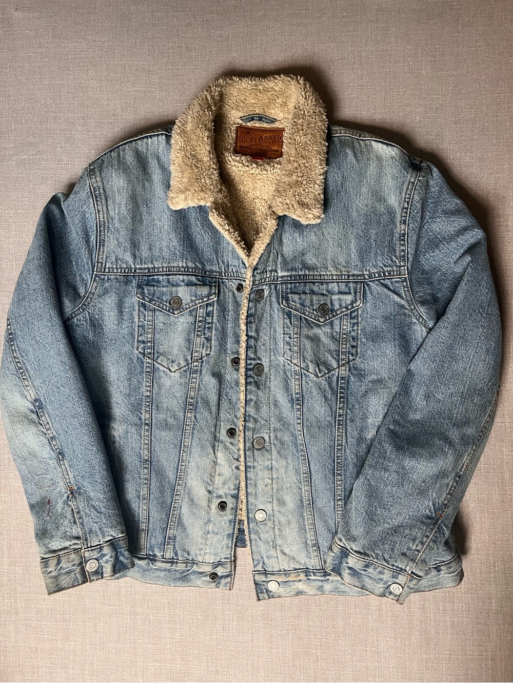 Distressed Lucky Brand Light Blue Denim Sherpa Lined Trucker Jacket